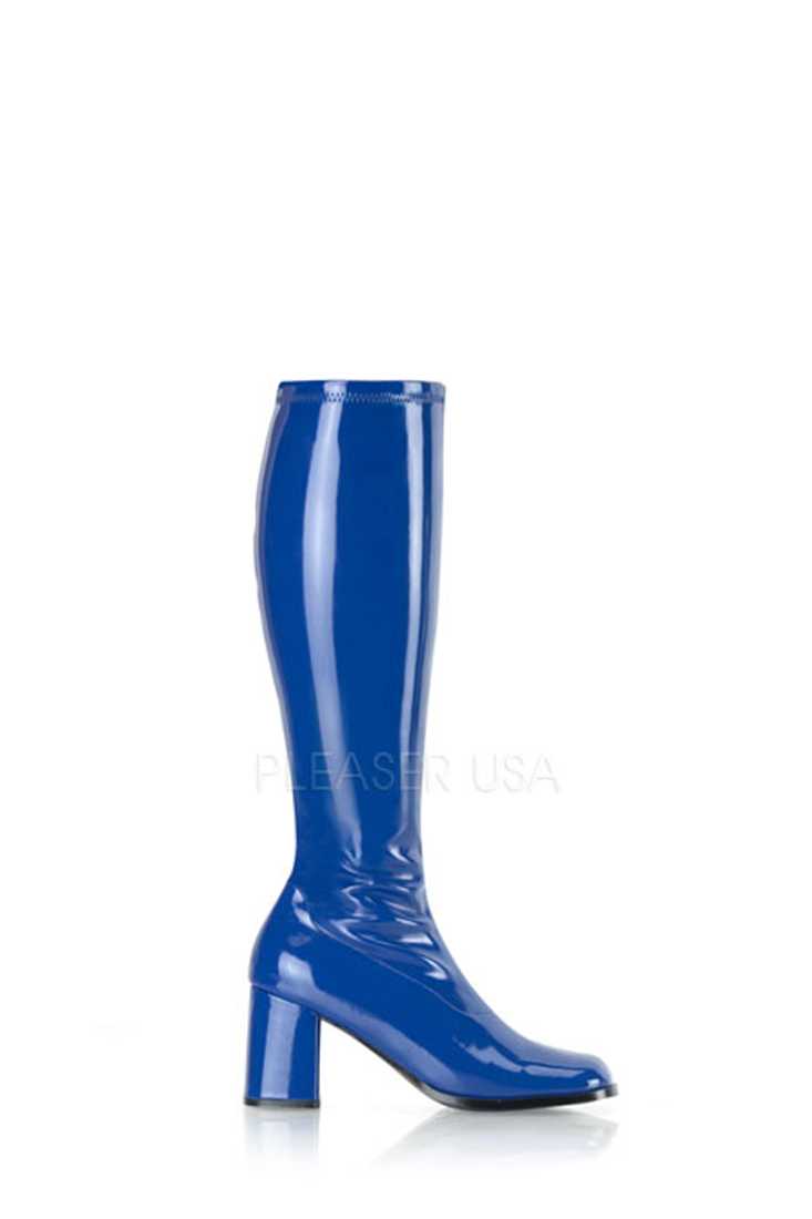 Navy Blue Chunky Heel GoGo Boots Patent Faux Leather