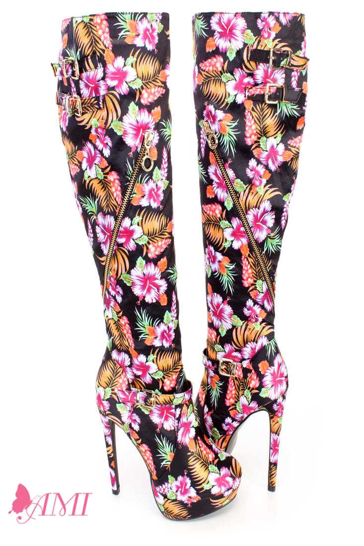 Pink Flower Pattern High Heel Boots Fabric