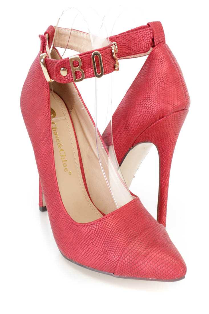 Red Ankle Strap Single Sole High Heels Faux Leather