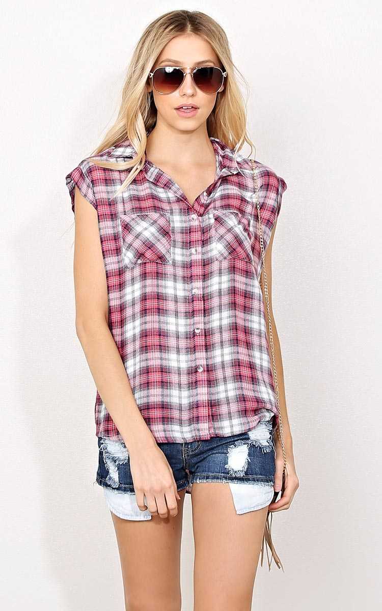 Madison Woven Plaid Top - Red Combo in Size by Styles For Less