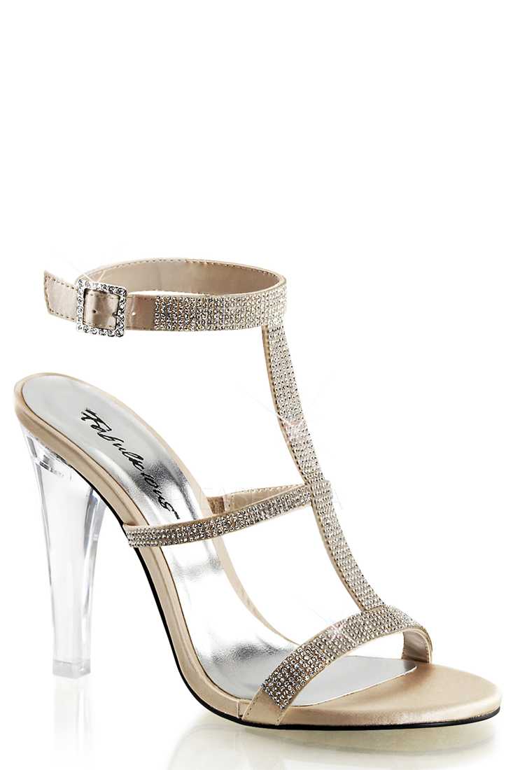 Champagne Rhinestone T Strap Satin High Heels