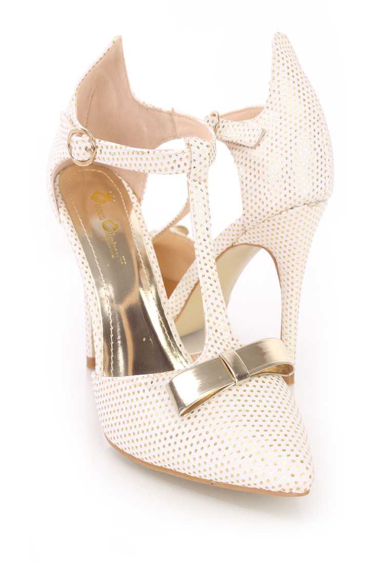 Beige Bow Tie T Strap Single Sole High Heels Faux Leather