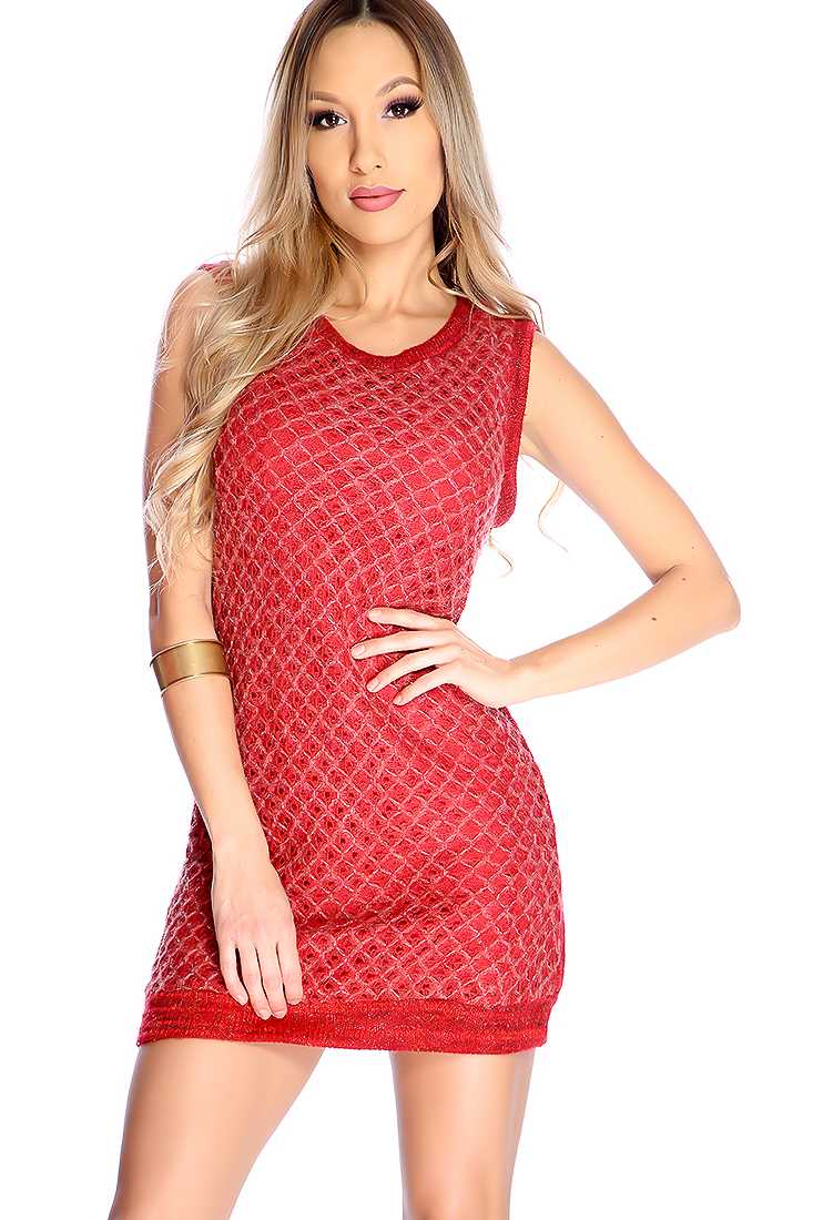 Sexy Red Open Knit Mohair Sleeveless Party Dress