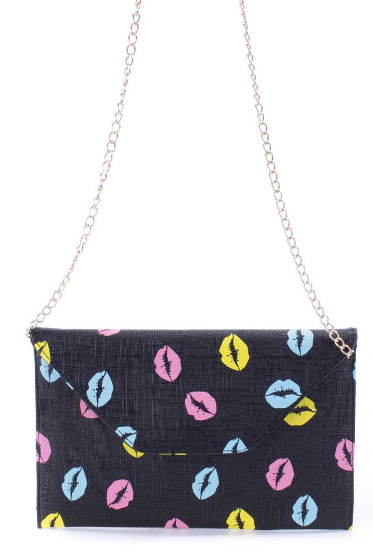 Black Faux Leather Lip Print Envelope Handbag