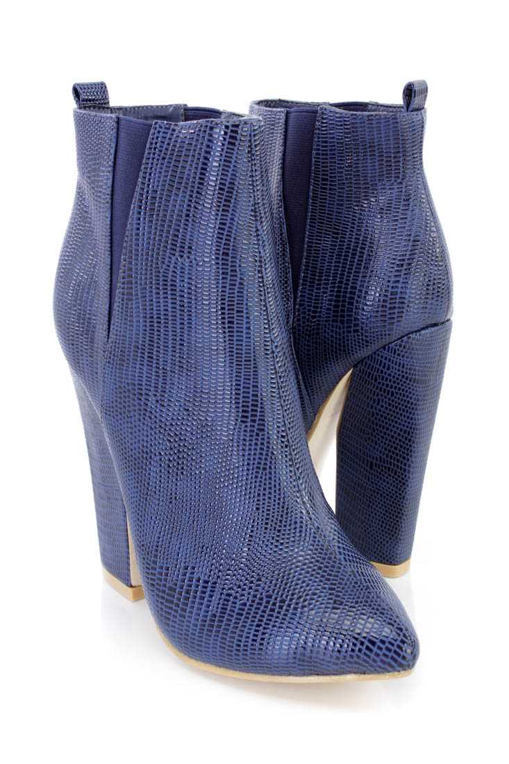 Blue Snake Skin Textured Ankle Booties Faux Leather