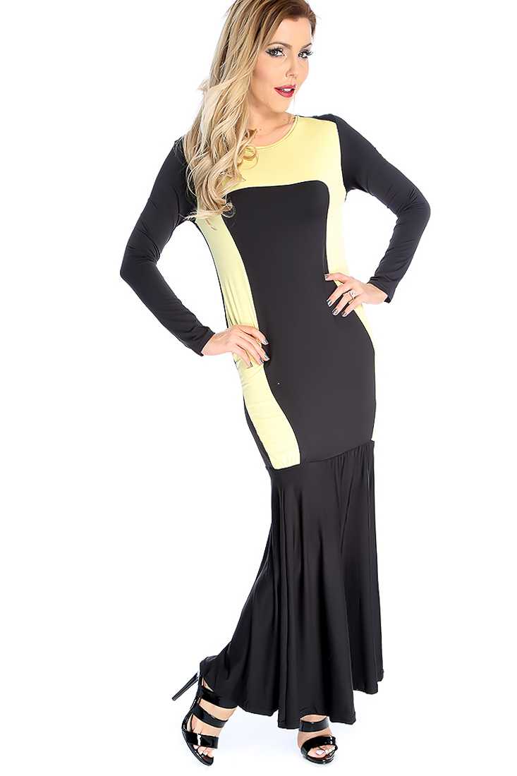 Black Yellow Long Sleeve Two Tone Mermaid Dress