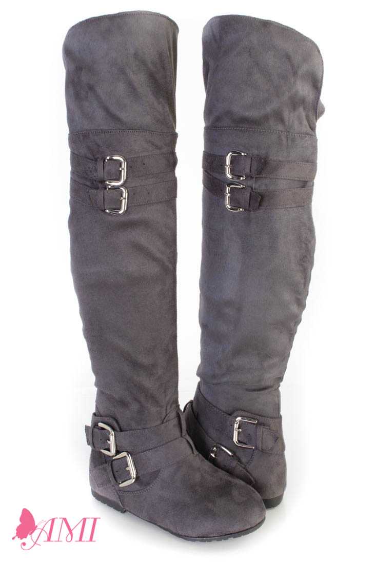 Grey Buckle Accents Thigh High Flat Boots Faux Suede
