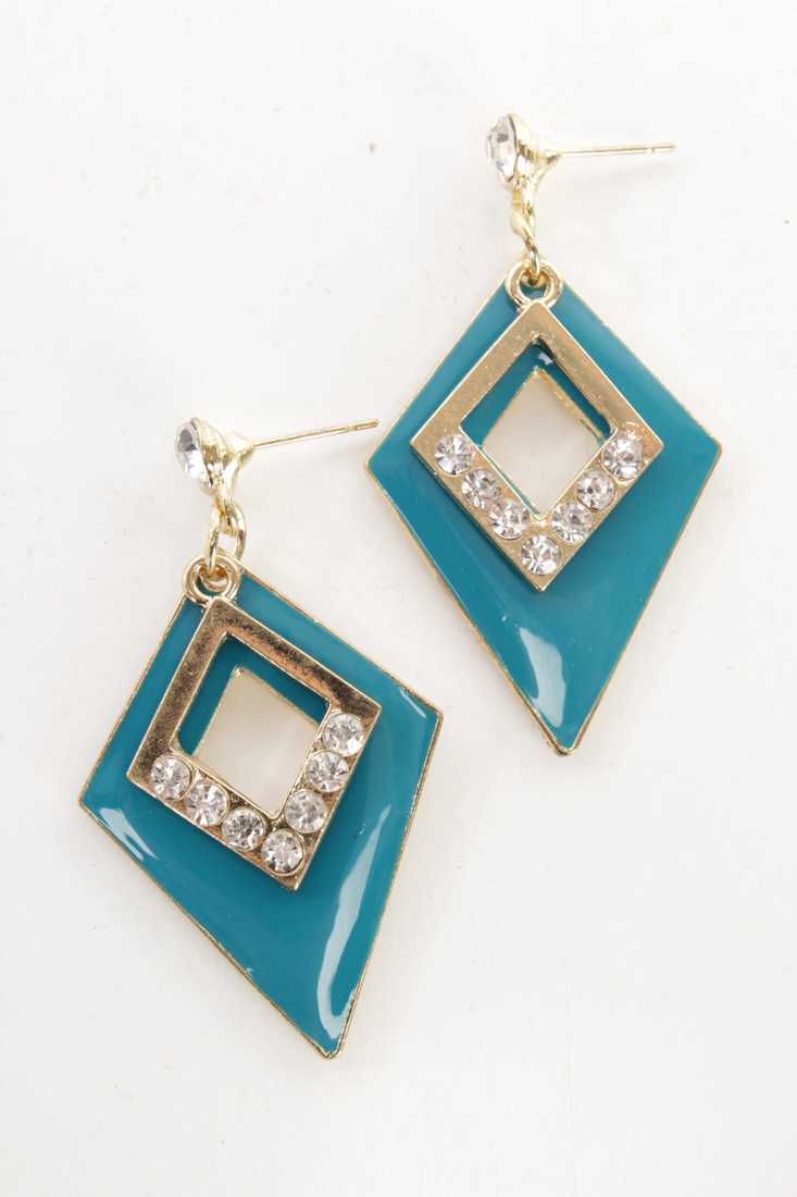 Teal Diamond Shape Rhinestone Decor Dangling Earrings