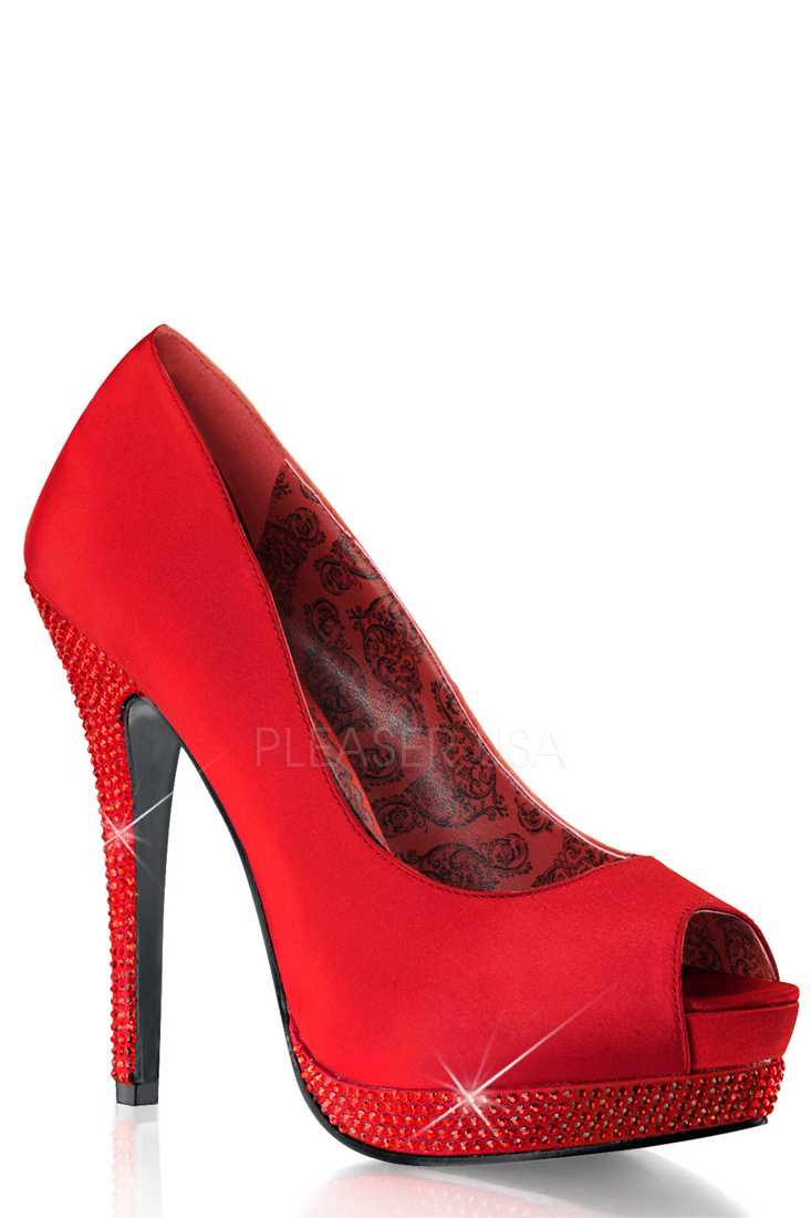Red Peep Toe Rhinestone Platform Pump High Heels Satin