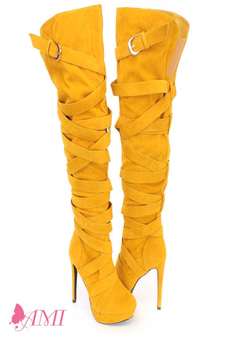 Yellow Wrap Around Strappy Thigh High Heel Boots Faux Suede