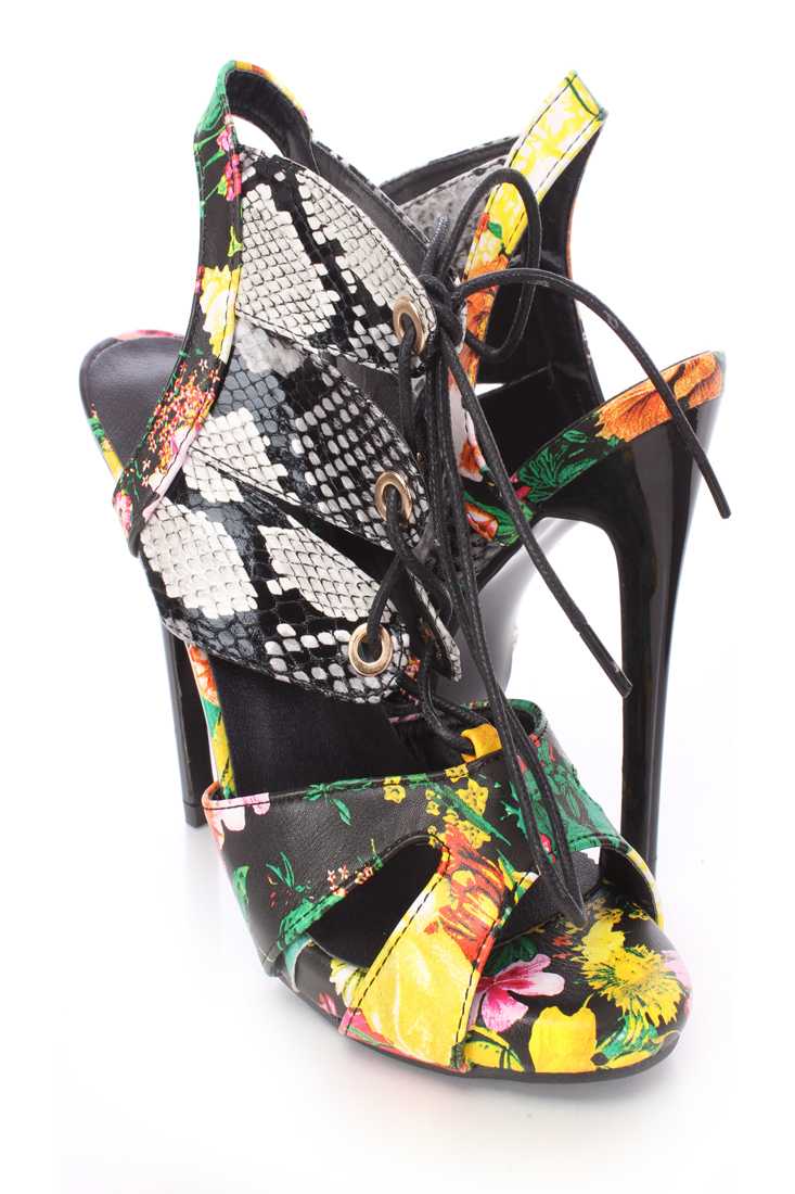 Yellow Printed Lace Up Peep Toe High Heels Faux Leather