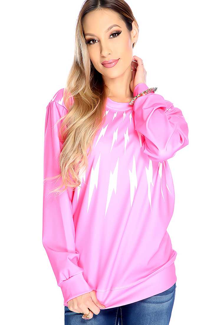 Neon Pink Long Sleeve Lightning Bolt Print Sweater Top