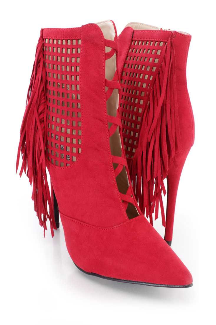 Red Perforated Fringe Ankle Booties Faux Suede