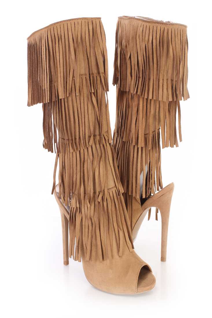 Camel Fringe Peep Toe Single Sole Boots Faux Suede