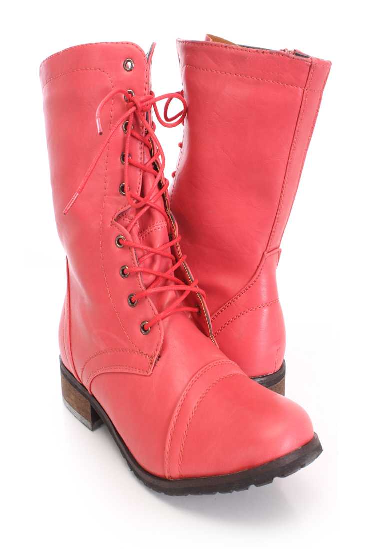 Red Faux Leather Lace Up Combat Boots