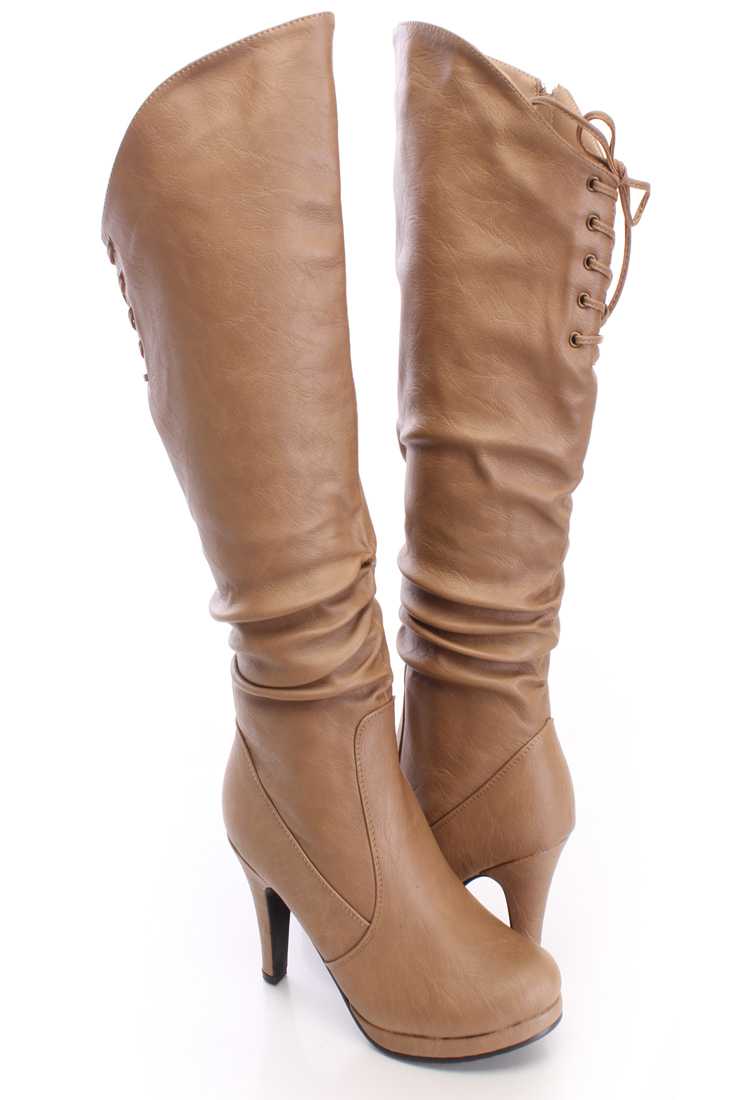 Taupe Slouchy Knee High Boots Faux Leather