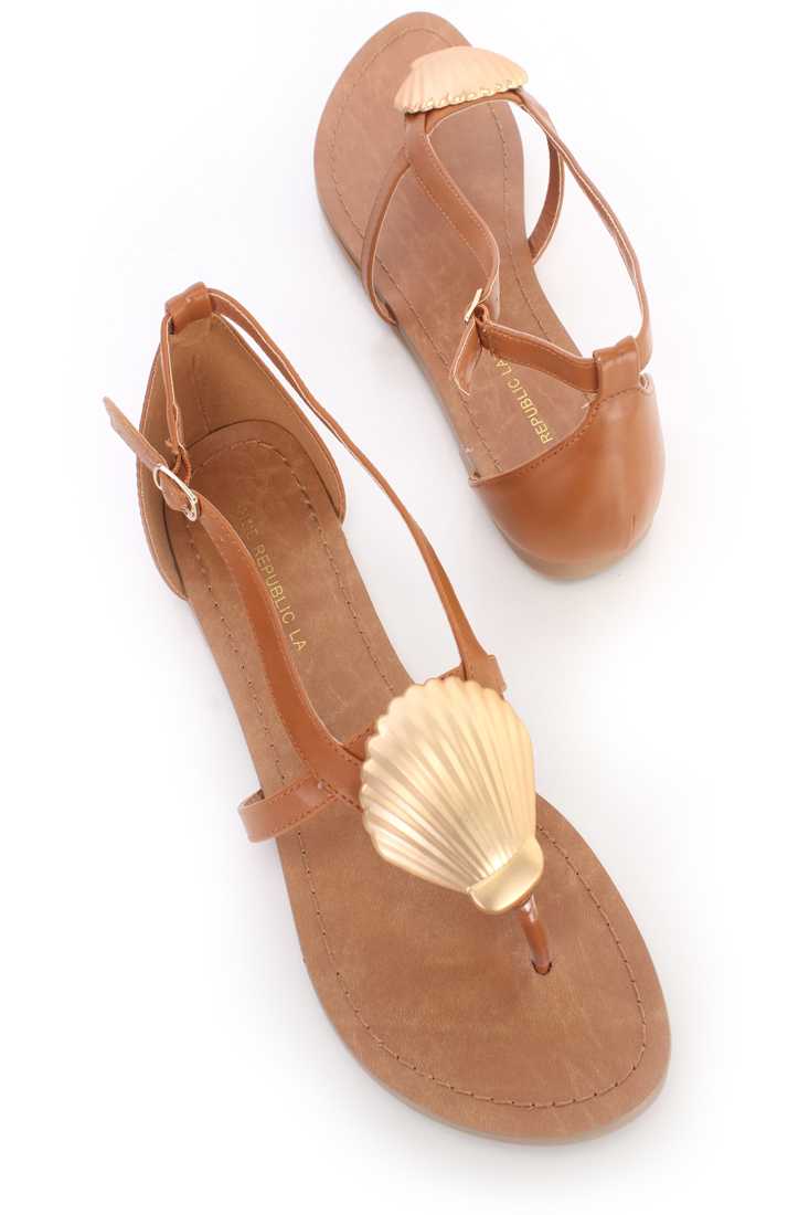 Mocha Metallic Sea Shell Thong Sandals Faux Leather