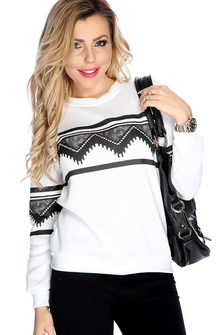 White Black Chevron Print Pull Over Sweater