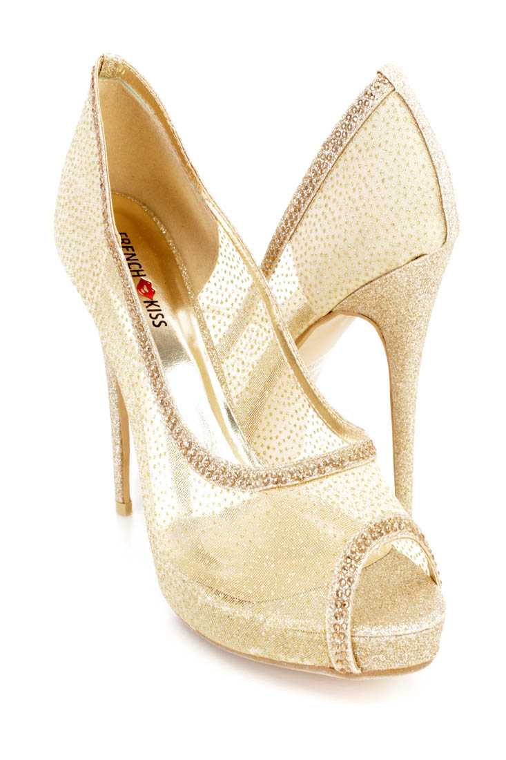 Gold Rhinestone Trim Peep Toe Pump Heels Mesh