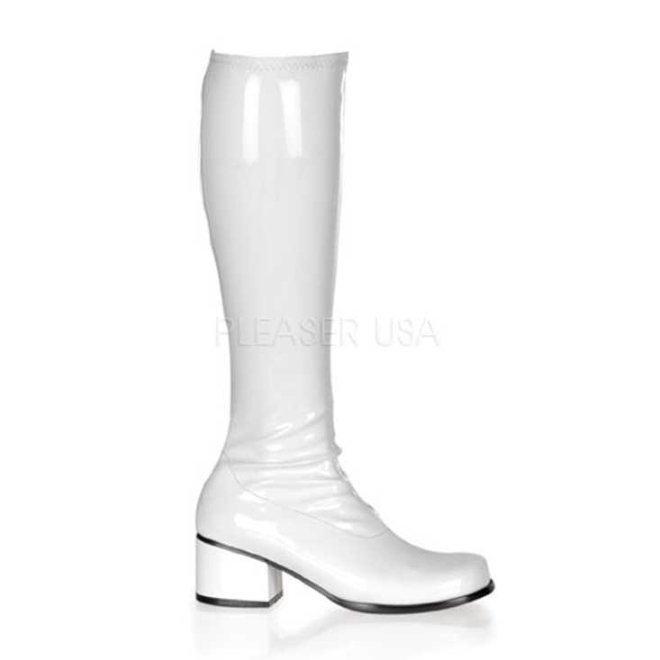 White Stretch Patent Block Heel GoGo Boots