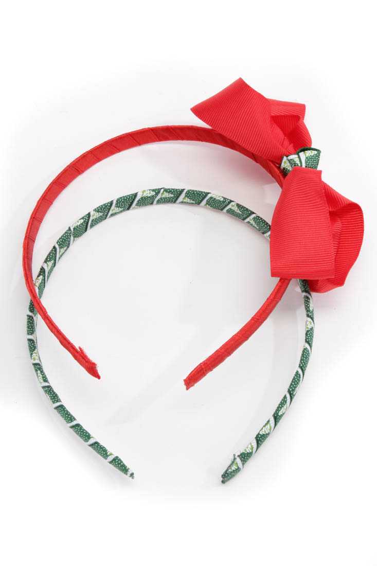 Red Green Tree Print Bow Accent Headband Set