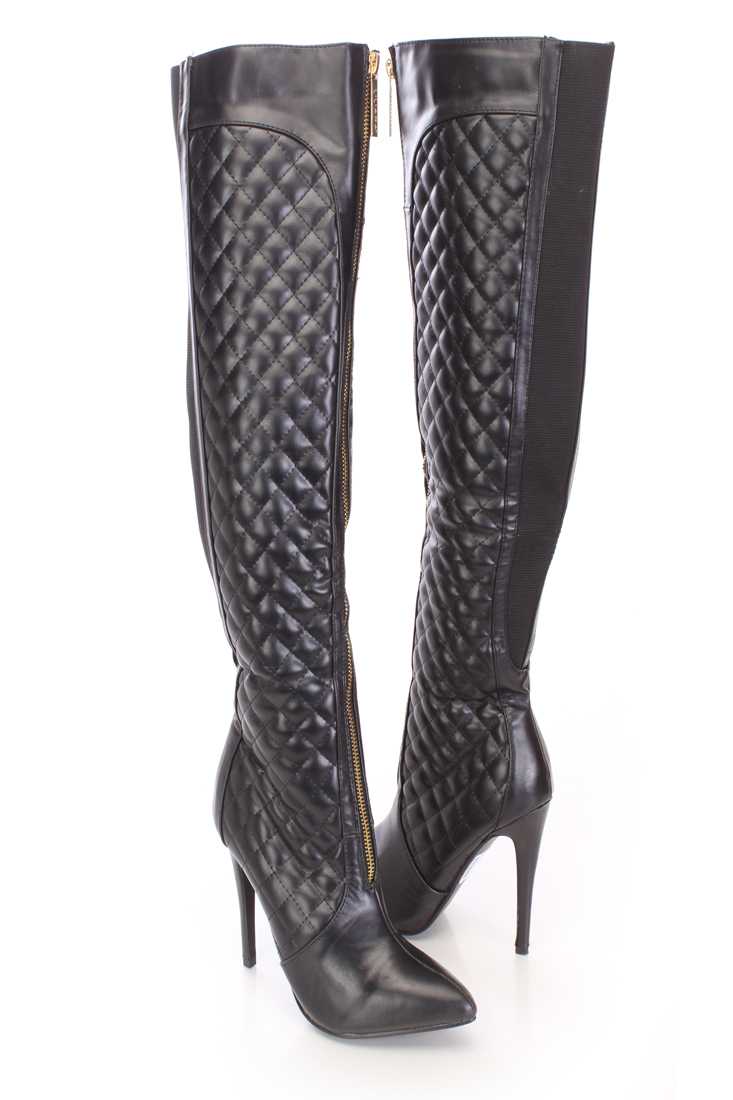 Black Quilted Thigh High Single Sole Boots Faux Leather