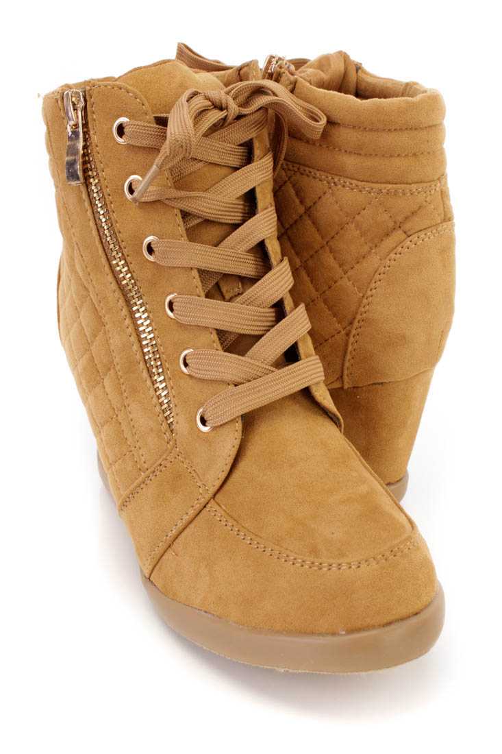 Tan Quilted Lace Up Sneaker Wedges Faux Suede