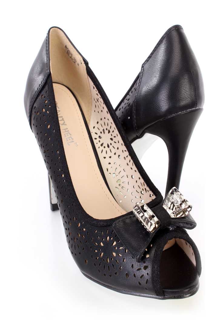 Black Perforated Peep Toe Pump High Heels Faux Leather
