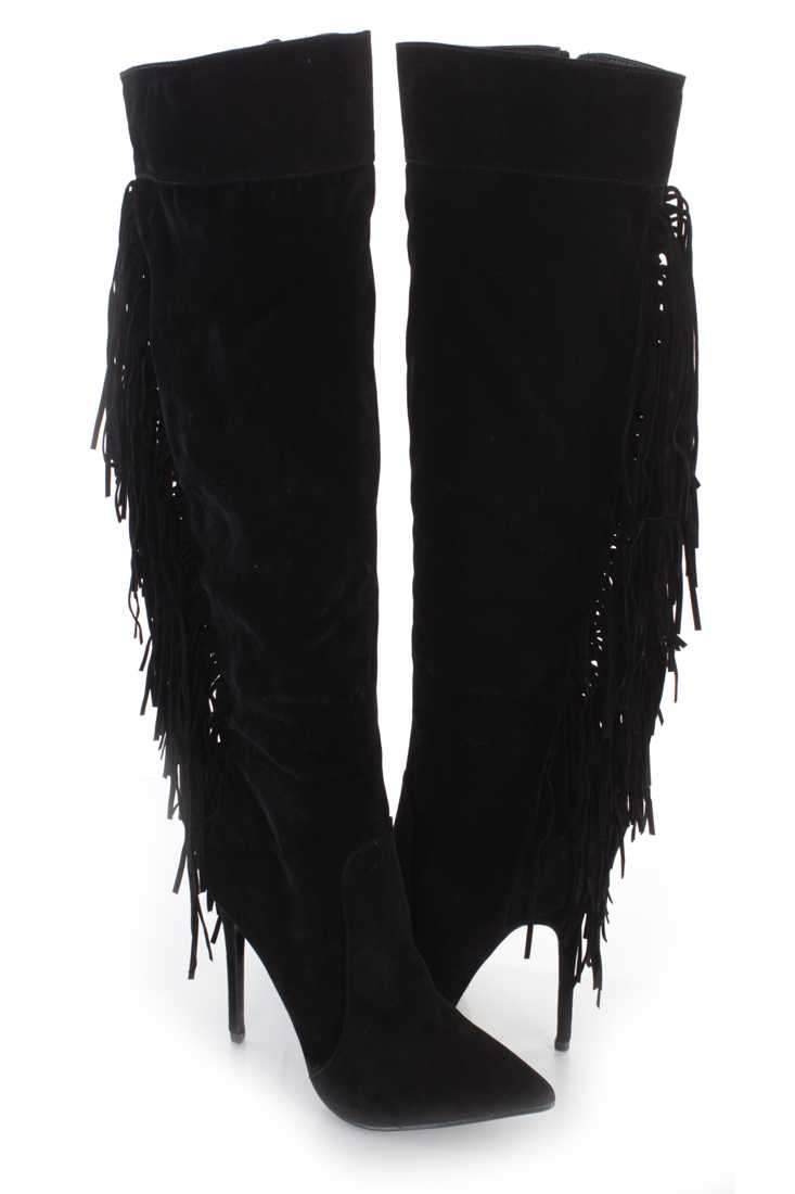 Black Fringe Knee High Single Sole Boots Faux Suede