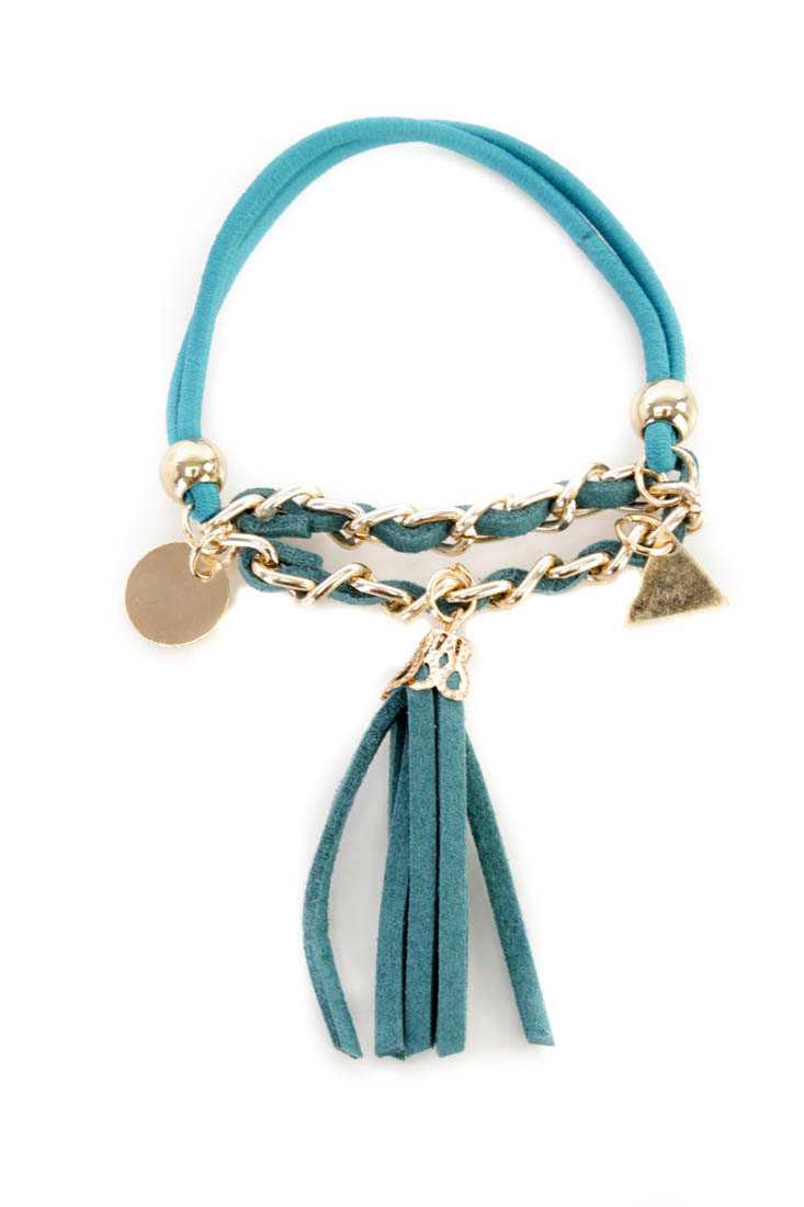 Teal Elastic Band Tassel Shape Pendant Bracelet
