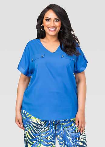 Sateen Trim V-Neck Blouse