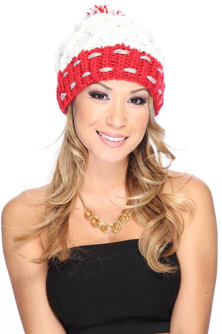White Two Tone Knitted Polka Dot Pom Pom Beanie