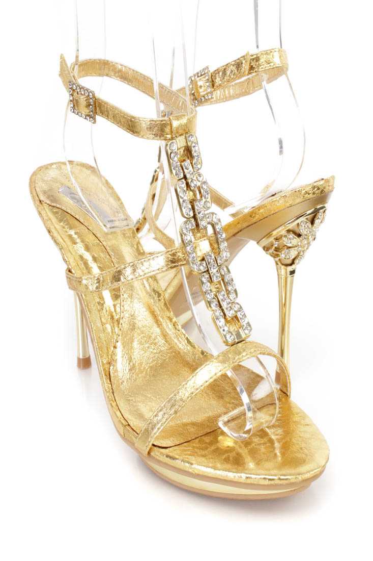 Gold Crinkle Rhinestone T Strap Platform High Heels