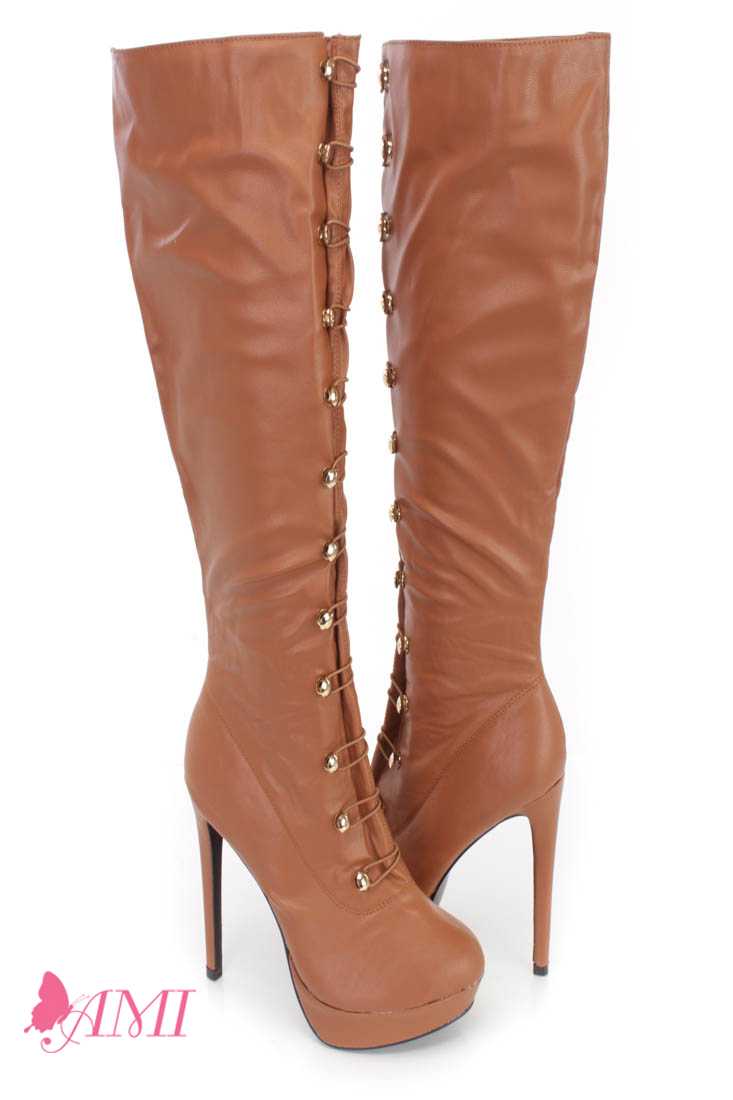 Cognac Hook Loop High Heel Boots Faux Leather