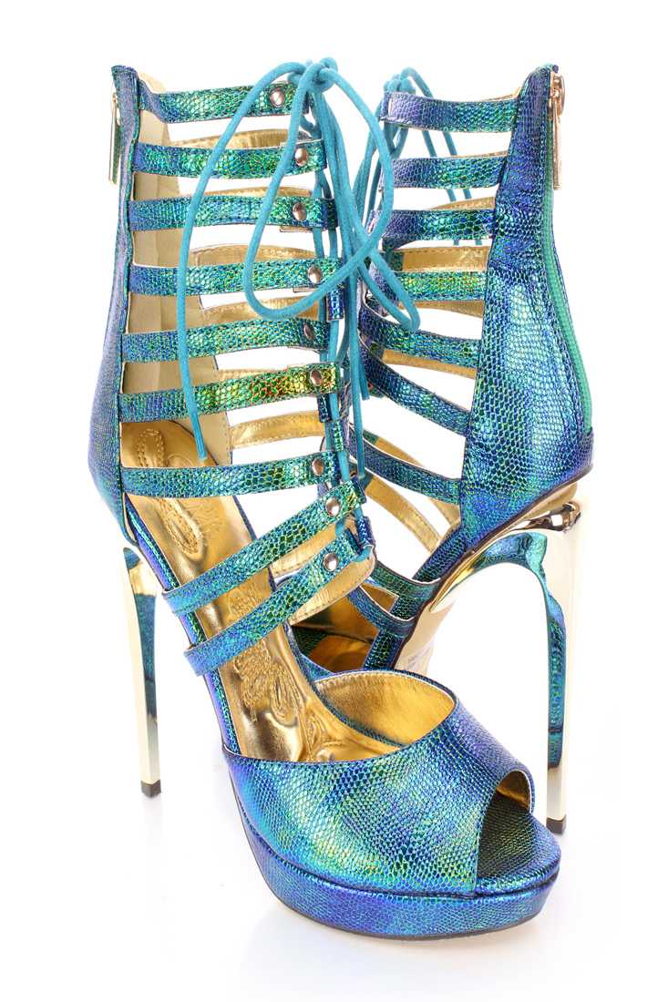 Green Strappy Peep Toe Stiletto High Heels Faux Leather