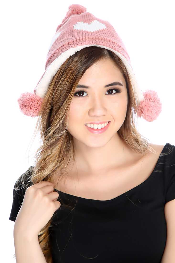 Dusty Pink Heart Knit Plush Lined Trapper Beanie