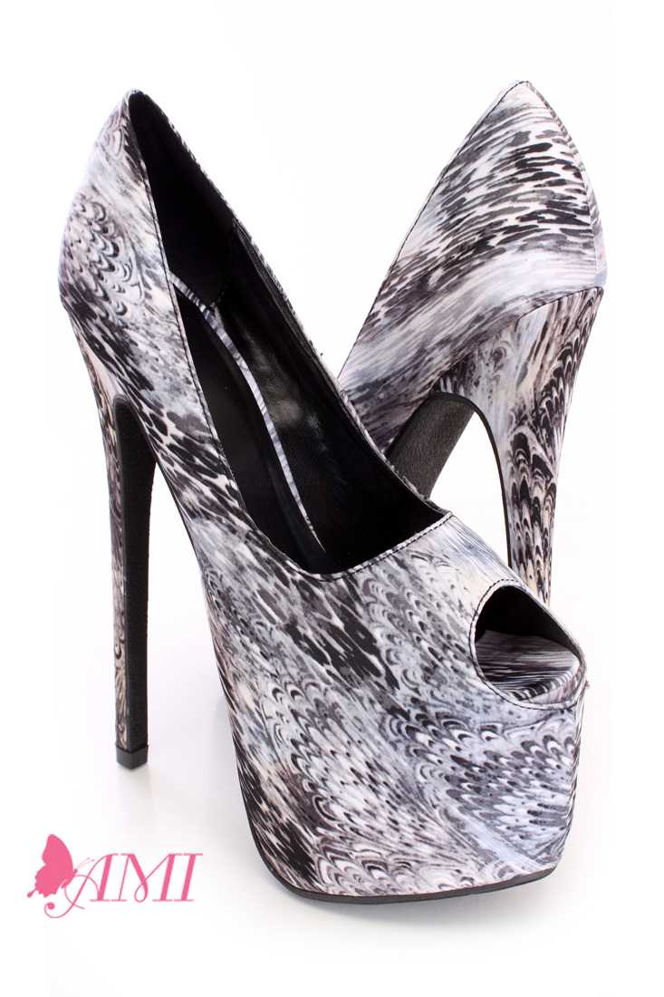 Grey Multi Printed Pump High Heels Fabric