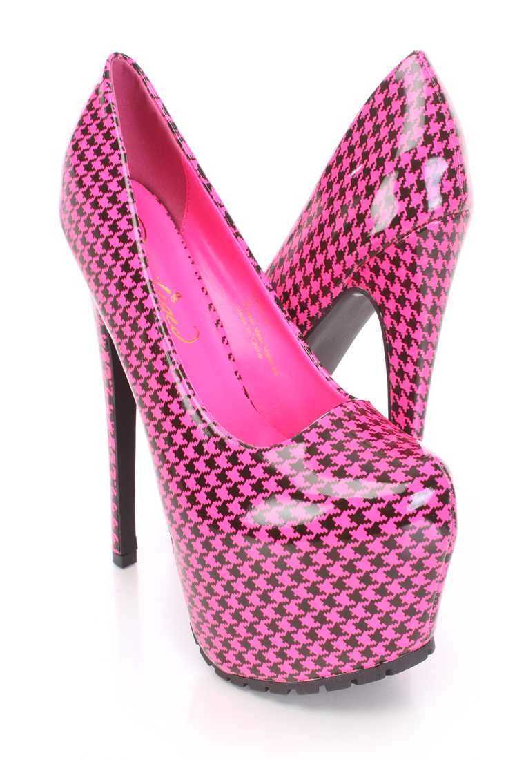Hot Pink Houndstooth Platform Pump High Heels Patent