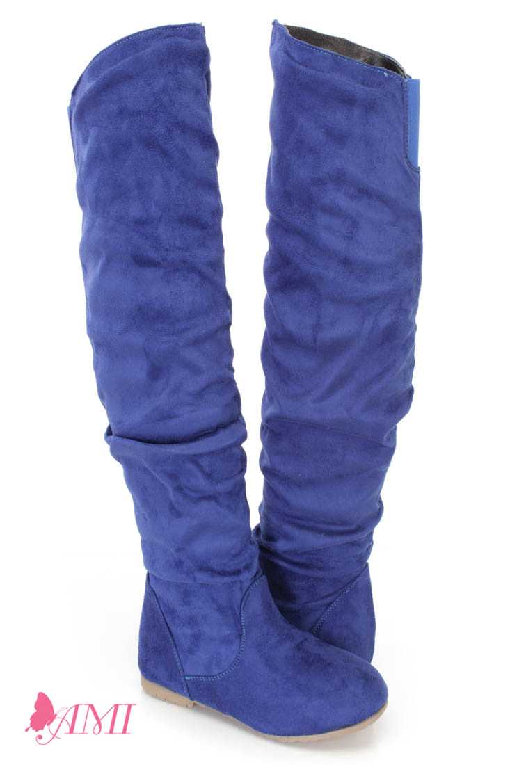Royal Blue Slouchy Shaft Thigh High Boots Faux Suede