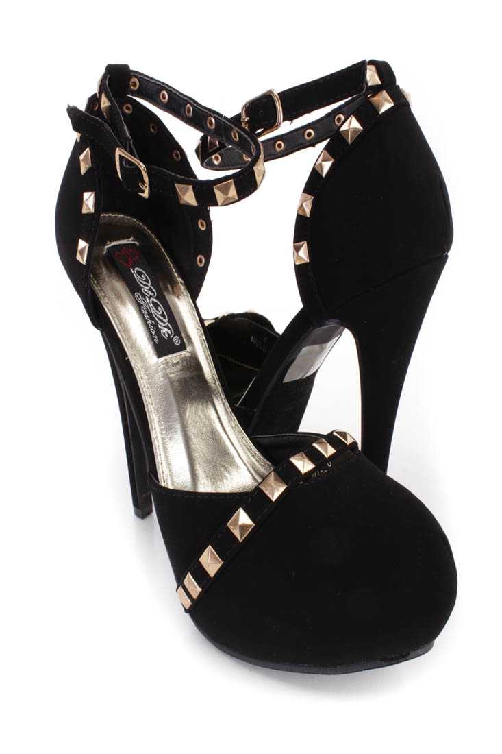 Black Studded Detailing Platform Heels Faux Suede