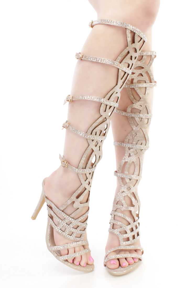 Champagne Rhinestone Single Sole Gladiator High Heels Glitter
