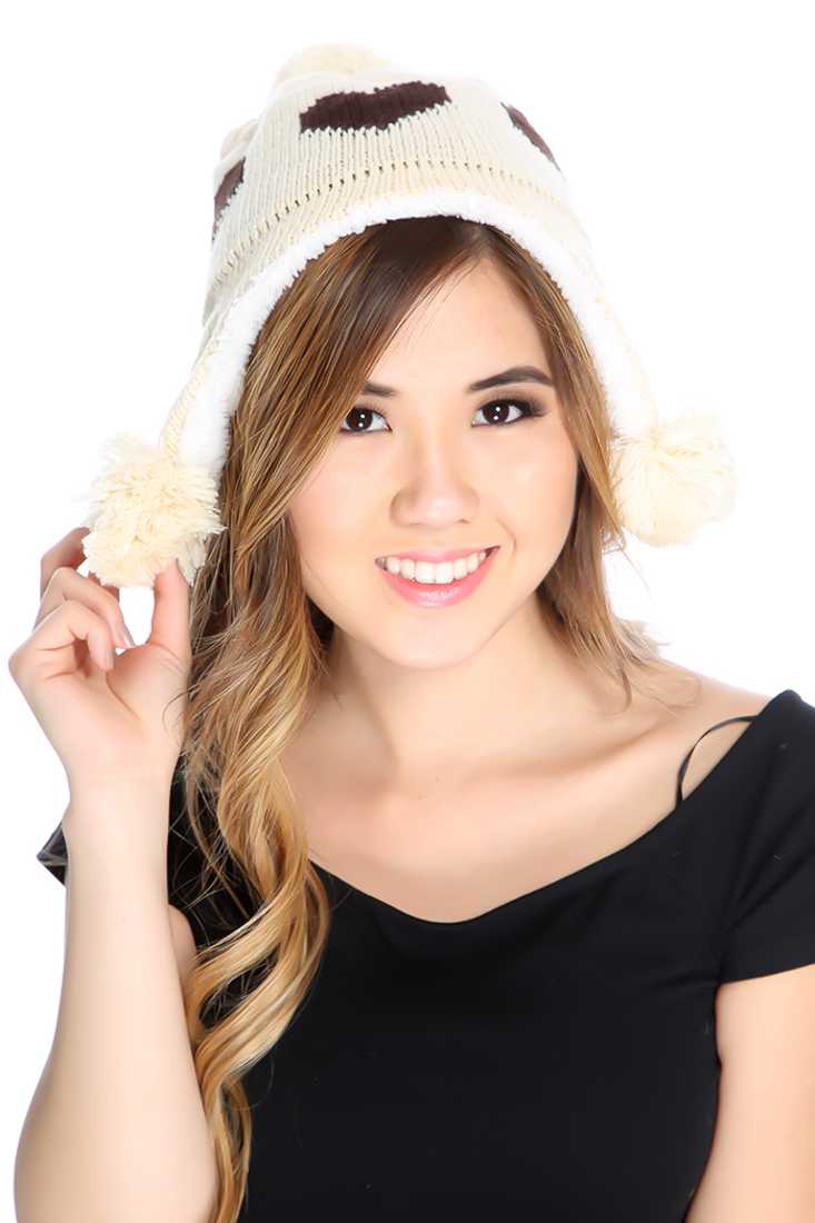 Beige Heart Knit Plush Lined Trapper Beanie