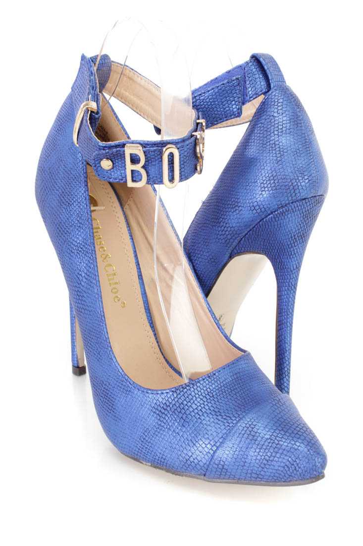 Blue Ankle Strap Single Sole High Heels Faux Leather