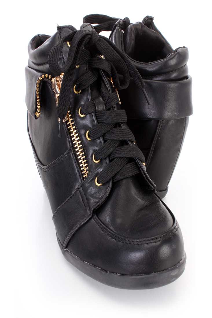 Black Lace Up Zipper Detail Sneaker Wedges Faux Leather