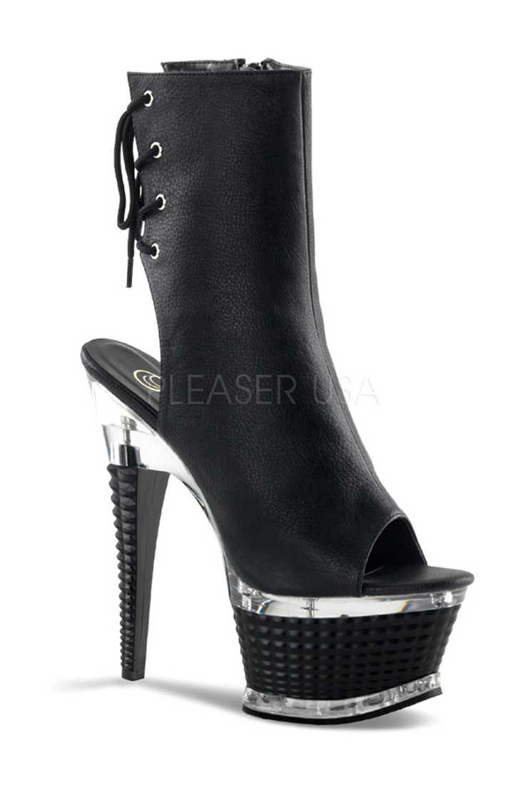 Black Open Toe Textured Platform High Heels Faux Leather