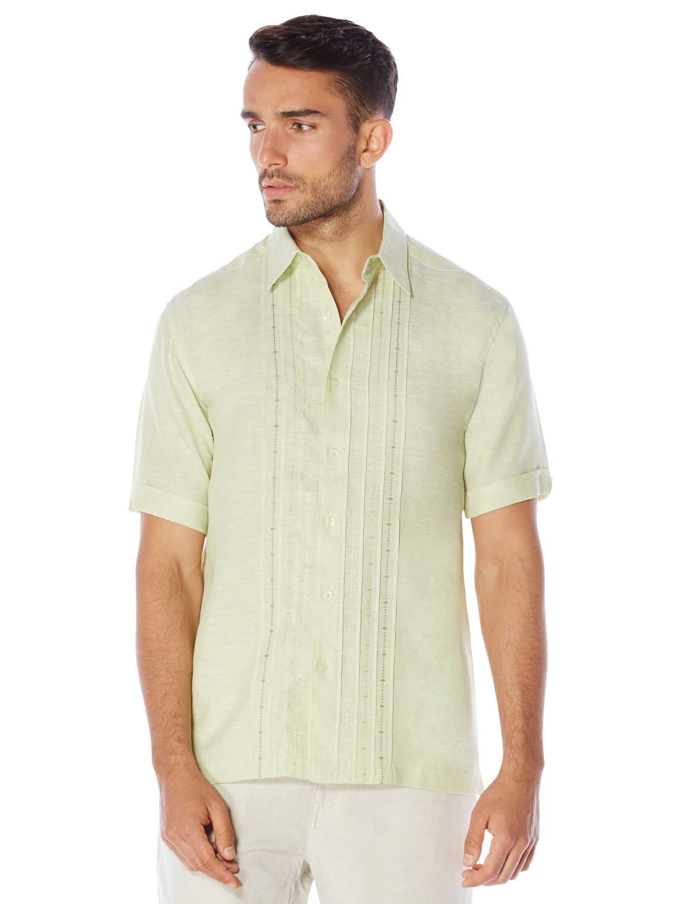 Cubavera 100% Linen Short Sleeve Ombre Geo Embroidered Shirt