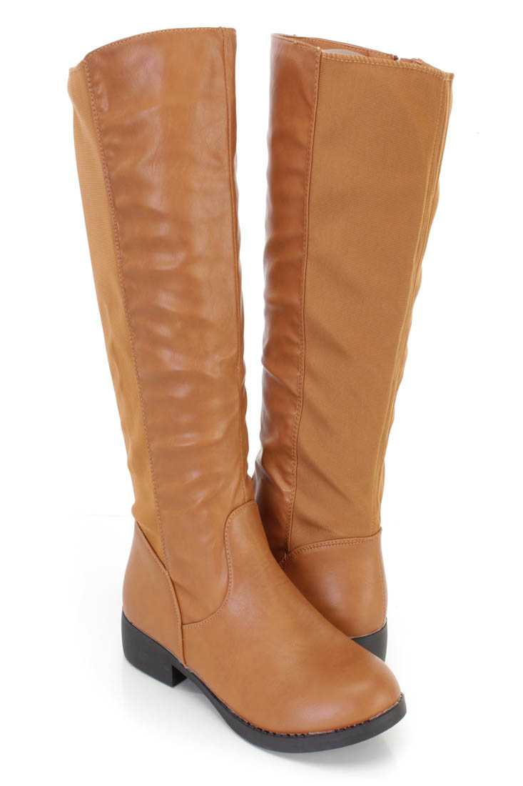 Tan Nylon Fabric Riding Boots Faux Leather