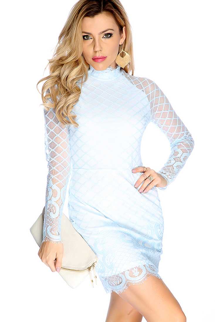 Sexy Light Blue Long Sleeves Mesh Detail Lace Overlay Mock Neck Party Dress