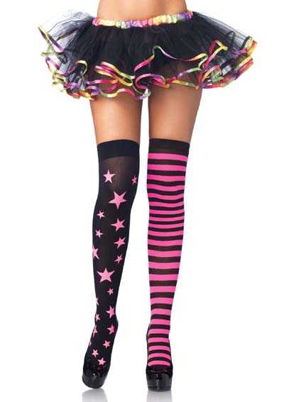 Neon Pink Stars Stripes Thigh Highs