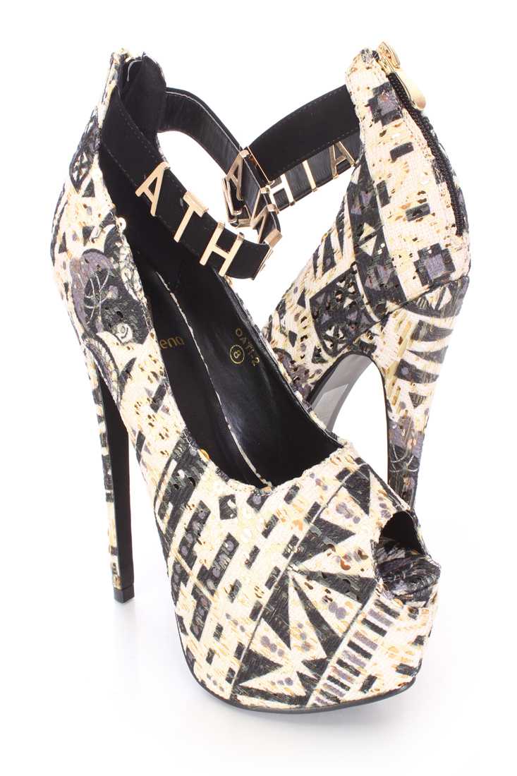 Black Pattern Ankle Strap Platform Heels Fabric